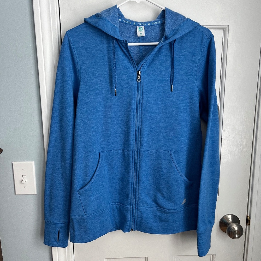 Periwinkle blue full zip sweatshirt with hood, Size M.  EUC